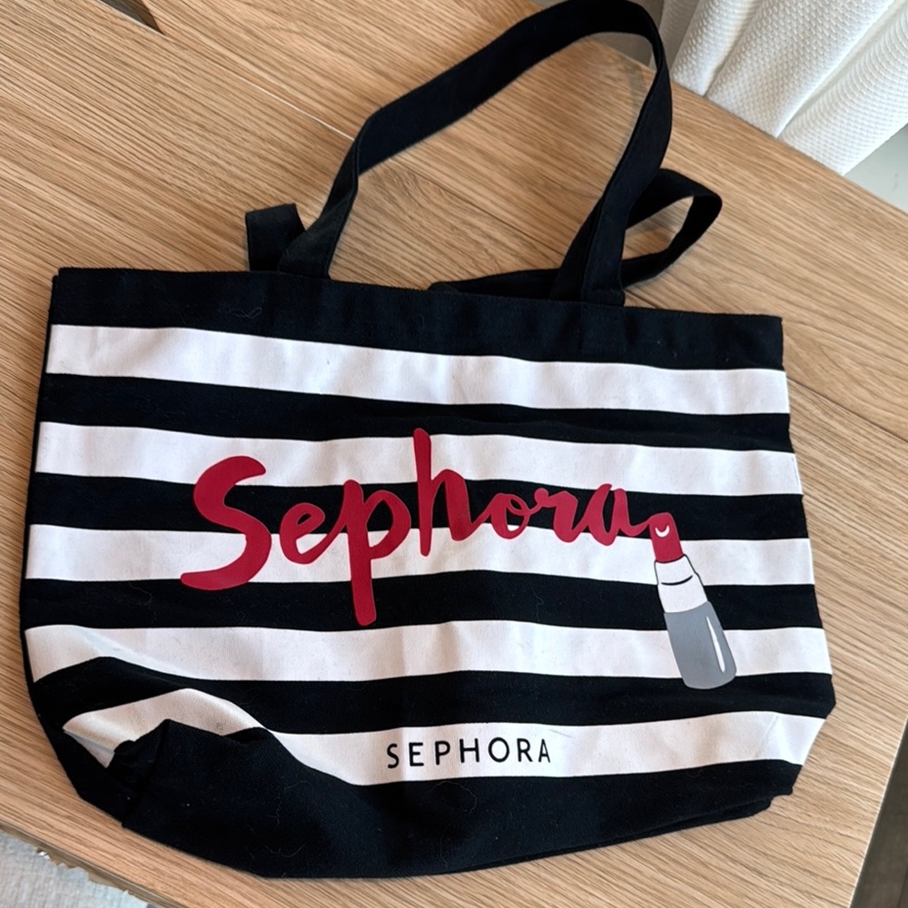 Sephora Black and White Canvas Tote Bag with Bold Stripes